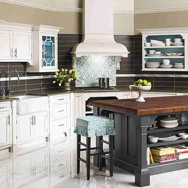 Full overlay marble farmhouse sink with butcherblock island