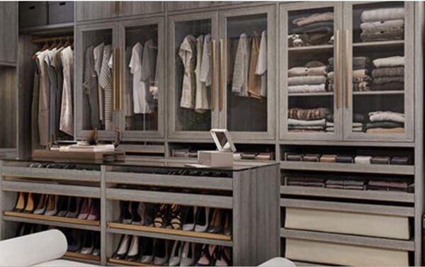 Custom closet with glass front cabinets and shoe organizer